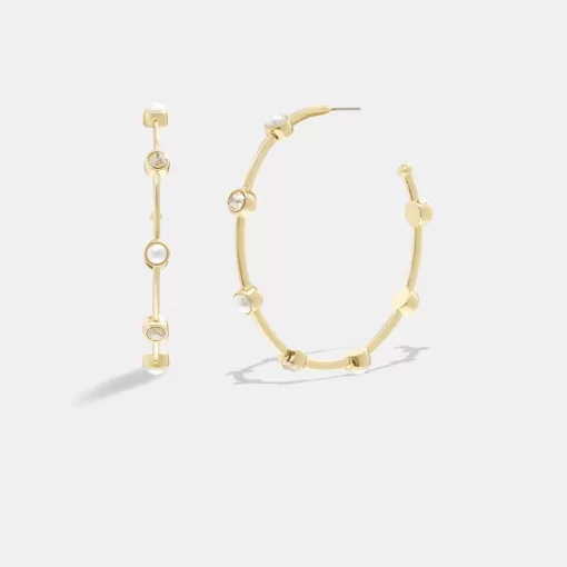 Coach Classic Pearl Large Hoop Earrings Jewelry Women Gold