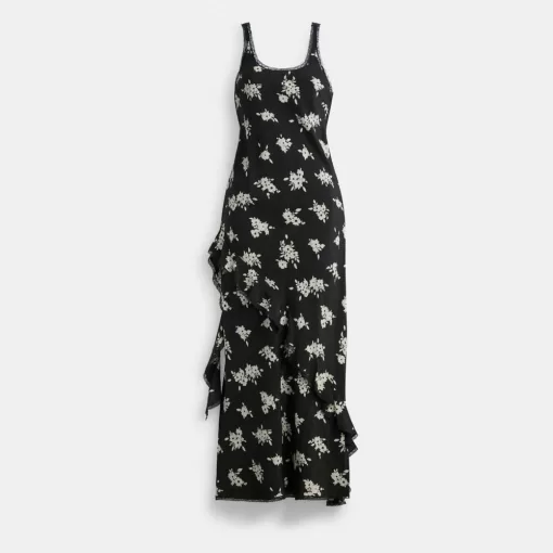 Coach Long Floral Ruffle Dress Dress Women Black White Multicolored
